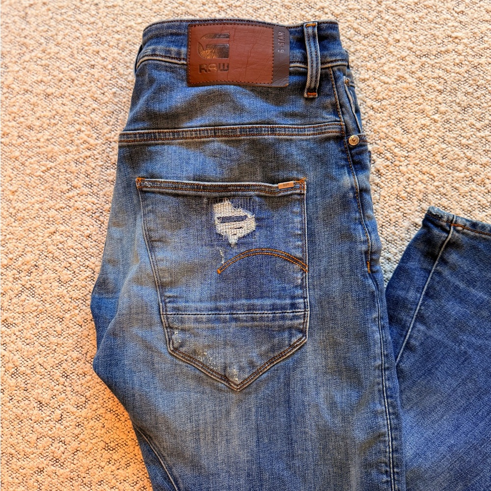 G-Star Blue Relaxed Jeans with Distressed Vintage Look